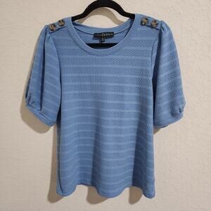 Fred David Light Blue Textured Button Puff Short Sleeve Blouse Top Size S